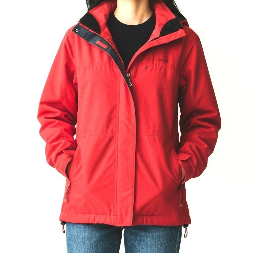 LL Bean‎ Windbreaker Jacket Womens XL Red Excellent Hooded Full Zip 0YW88